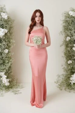 Amelia Maxi Bridesmaid Dress - Matte Apricot Pink -Outlet Stylistae Store AMELIA SATIN APRICOT 2909