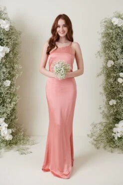 Amelia Maxi Bridesmaid Dress - Matte Apricot Pink -Outlet Stylistae Store AMELIA SATIN APRICOT 2918