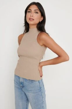 Abbey Sleeveless Grown Neck Top - Beige -Outlet Stylistae Store Abbey Sleeveless Knit Taupe 1139