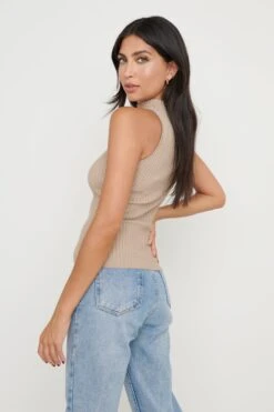 Abbey Sleeveless Grown Neck Top - Beige -Outlet Stylistae Store Abbey Sleeveless Knit Taupe 1171