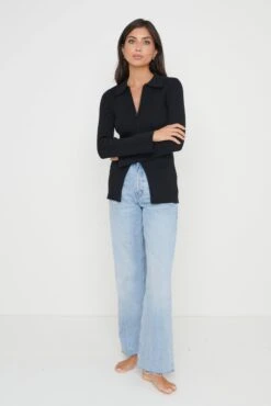Avery Zip Knit Collared Top - Black