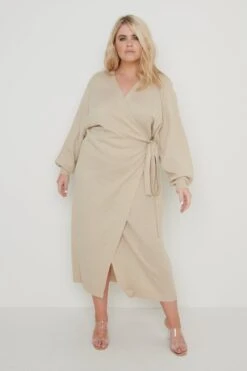 Beau Wrap Midi Dress - Beige 14 Beau Wrap Midi Dress - Beige -Outlet Stylistae Store Beau Wrap Dress Beige Curve23