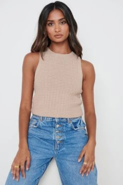 Billie Crochet Knit Top - Taupe -Outlet Stylistae Store Billie Racer Crochet Tee Beige 393