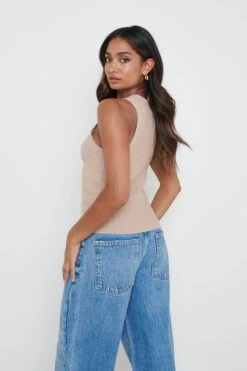 Billie Crochet Knit Top - Taupe -Outlet Stylistae Store Billie Racer Crochet Tee Beige 407