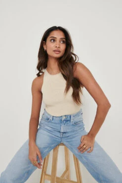 Billie Ribbed Racer Tee - Beige