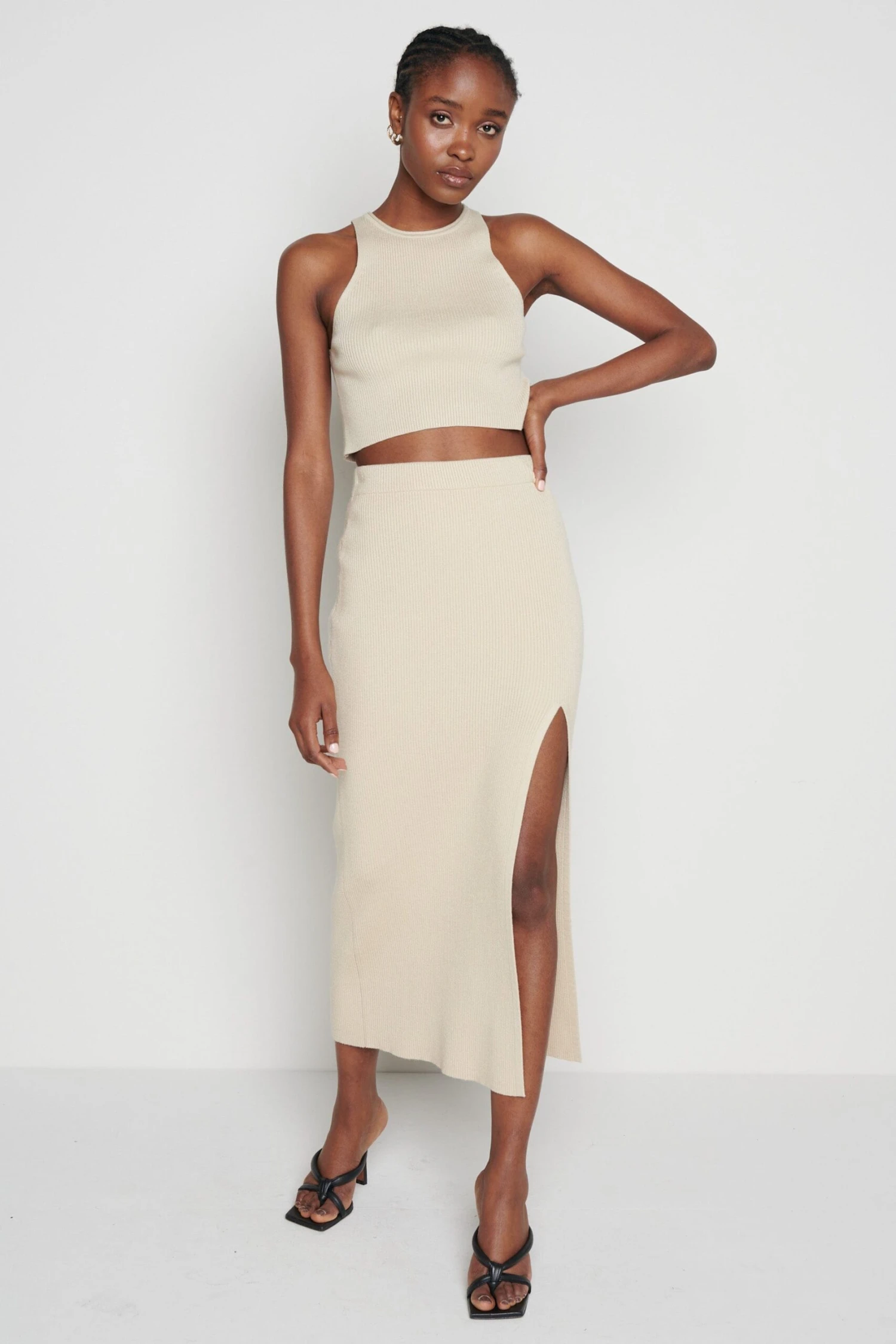 Billie Ribbed Racer Crop Top - Beige 3 Billie Ribbed Racer Crop Top - Beige - Image 3