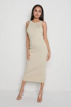 Billie Ribbed Racer Midi Dress - Beige -Outlet Stylistae Store Billie dress beige 418