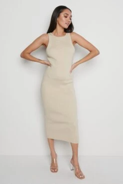 Billie Ribbed Racer Midi Dress - Beige