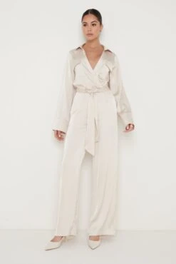 Carmen Collared Satin Jumpsuit - Oyster -Outlet Stylistae Store Carmen Satin Jumpsuit Oyster 277