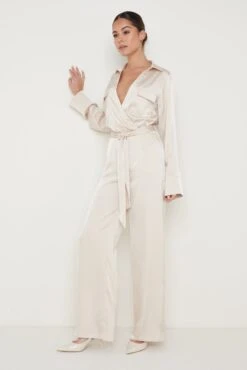 Carmen Collared Satin Jumpsuit - Oyster -Outlet Stylistae Store Carmen Satin Jumpsuit Oyster 279