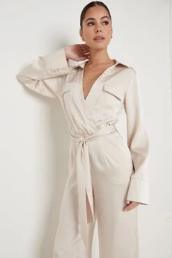 Carmen Collared Satin Jumpsuit - Oyster -Outlet Stylistae Store Carmen Satin Jumpsuit Oyster 288