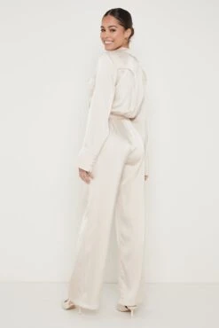 Carmen Collared Satin Jumpsuit - Oyster -Outlet Stylistae Store Carmen Satin Jumpsuit Oyster 295