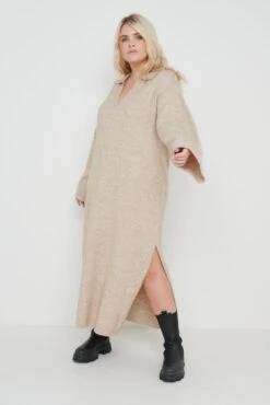 Cas Collared Knit Dress - Beige -Outlet Stylistae Store Cas Collared Knit Dress Beige 4188