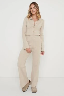 Daisy Wide Leg Knit Jumpsuit- Beige Marl