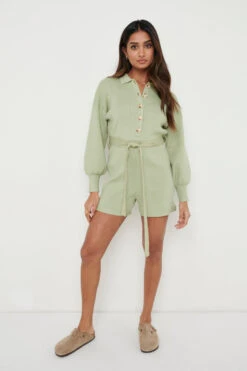 Darcie Balloon Sleeve Knit Playsuit - Olive Green