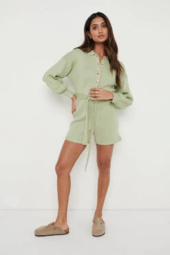 Darcie Balloon Sleeve Knit Playsuit - Olive Green -Outlet Stylistae Store Darcie Olive 2054