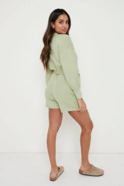 Darcie Balloon Sleeve Knit Playsuit - Olive Green -Outlet Stylistae Store Darcie Olive 2061