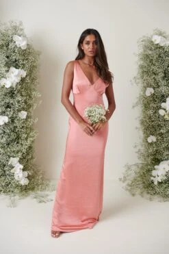 Esmee Maxi Bridesmaid Dress - Matte Apricot Pink -Outlet Stylistae Store ESME SATIN APRICOT 2855