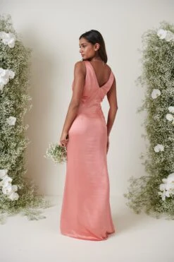 Esmee Maxi Bridesmaid Dress - Matte Apricot Pink -Outlet Stylistae Store ESME SATIN APRICOT 2894