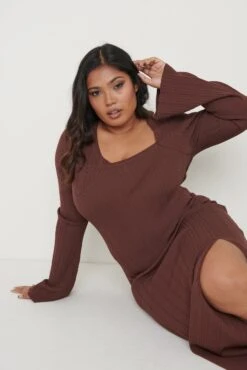 Emmie Cut Out Knit Midaxi Dress - Chocolate Brown -Outlet Stylistae Store Emmie Dress Brown Curve 930