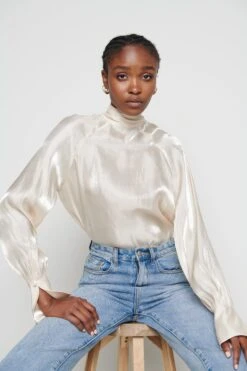 Evie High Neck Tie Blouse - Champagne