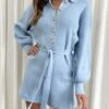 Darcie Balloon Sleeve Knit Playsuit - Baby Blue