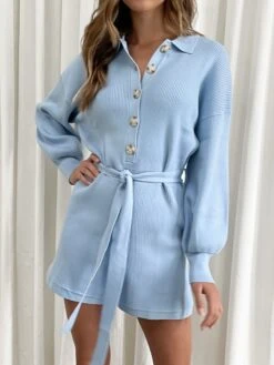Darcie Balloon Sleeve Knit Playsuit - Baby Blue