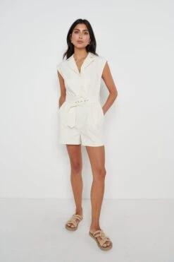 Farris Belted Playsuit - White -Outlet Stylistae Store Farris cream 4178