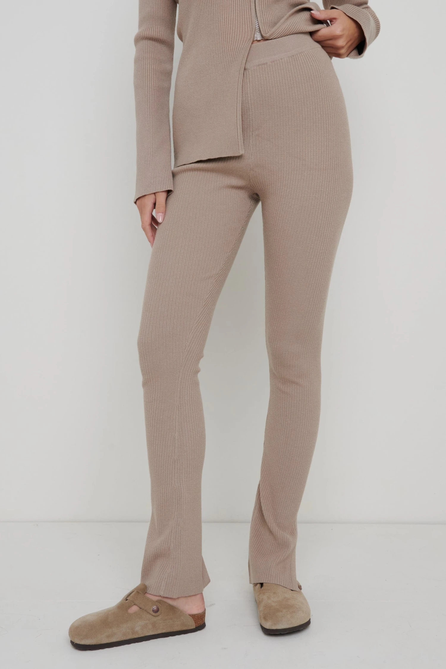 Gigi Split Hem Knit Trousers - Taupe 2 Gigi Split Hem Knit Trousers - Taupe - Image 2