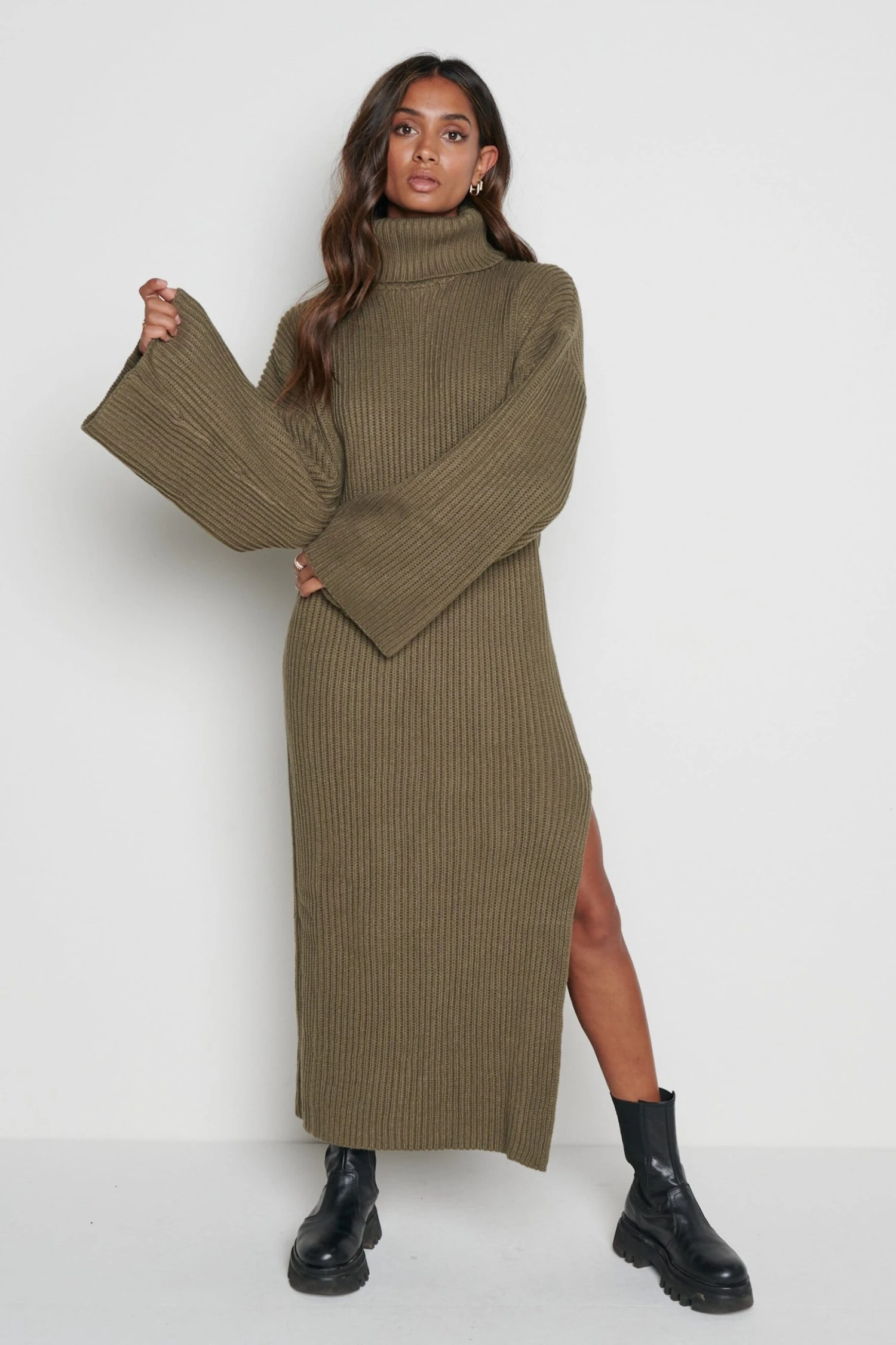 Hattie Ribbed Jumper Dress - Khaki 1 Hattie Ribbed Jumper Dress - Khaki