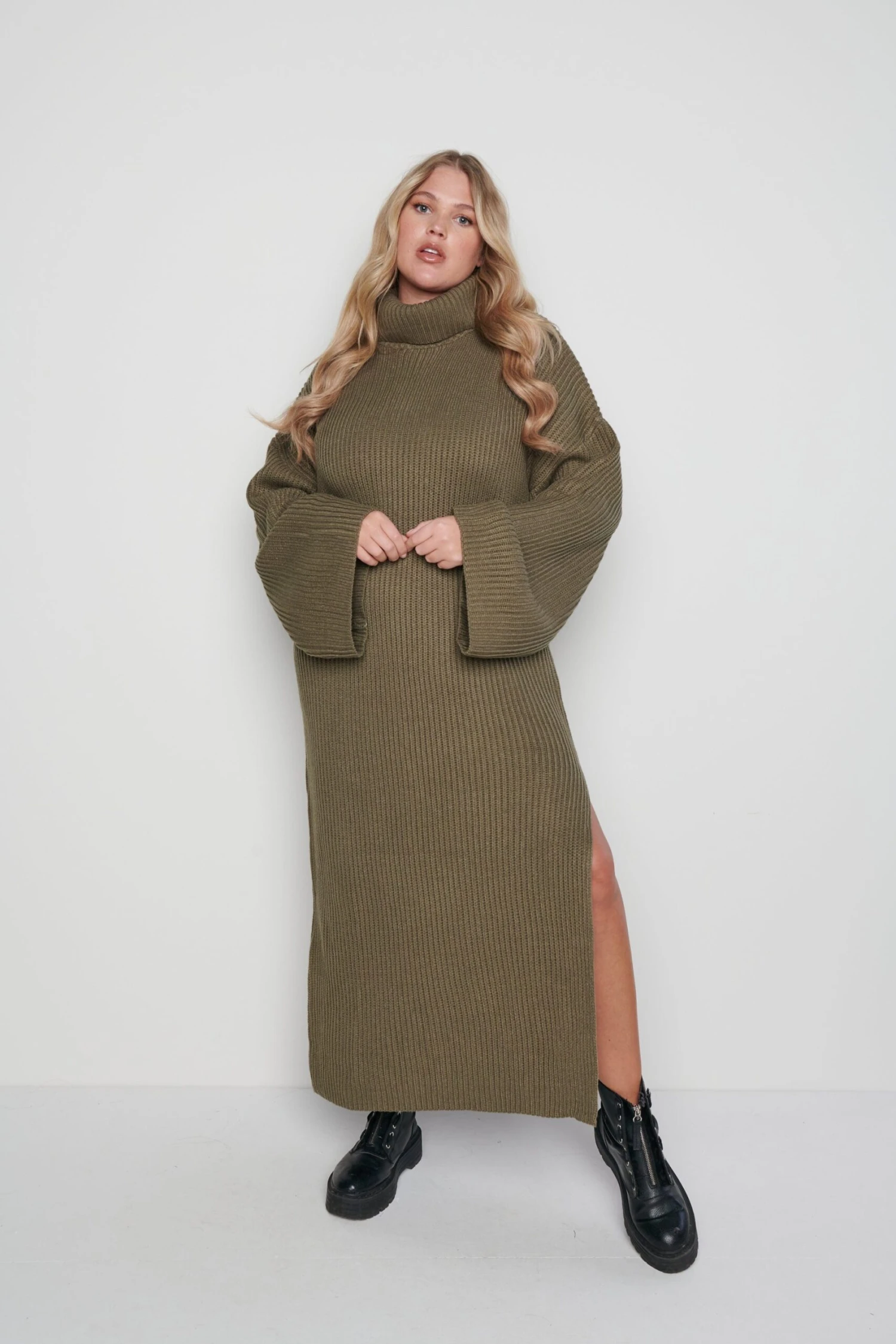 Hattie Ribbed Jumper Dress - Khaki 6 Hattie Ribbed Jumper Dress - Khaki - Image 6