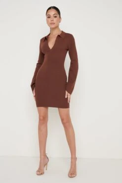 Hayden Mini Collared Knit Dress - Brown -Outlet Stylistae Store Hayden Mini Dress Brown 2451