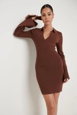 Hayden Mini Collared Knit Dress - Brown -Outlet Stylistae Store Hayden Mini Dress Brown 2463