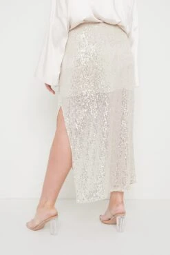 Hendrix Slit Sequin Skirt - Silver -Outlet Stylistae Store Hendrix Slit Sequin Skirt Curve 498