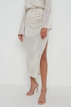 Hendrix Slit Sequin Skirt - Silver -Outlet Stylistae Store Hendrix Slit Sequin Skirt Silver 2141