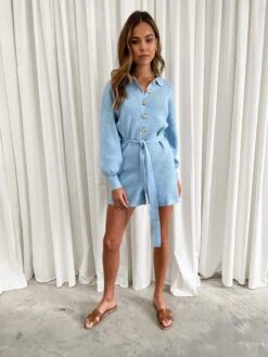 Darcie Balloon Sleeve Knit Playsuit - Baby Blue -Outlet Stylistae Store IMG 3228