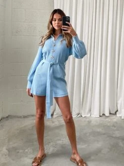 Darcie Balloon Sleeve Knit Playsuit - Baby Blue -Outlet Stylistae Store IMG 3254