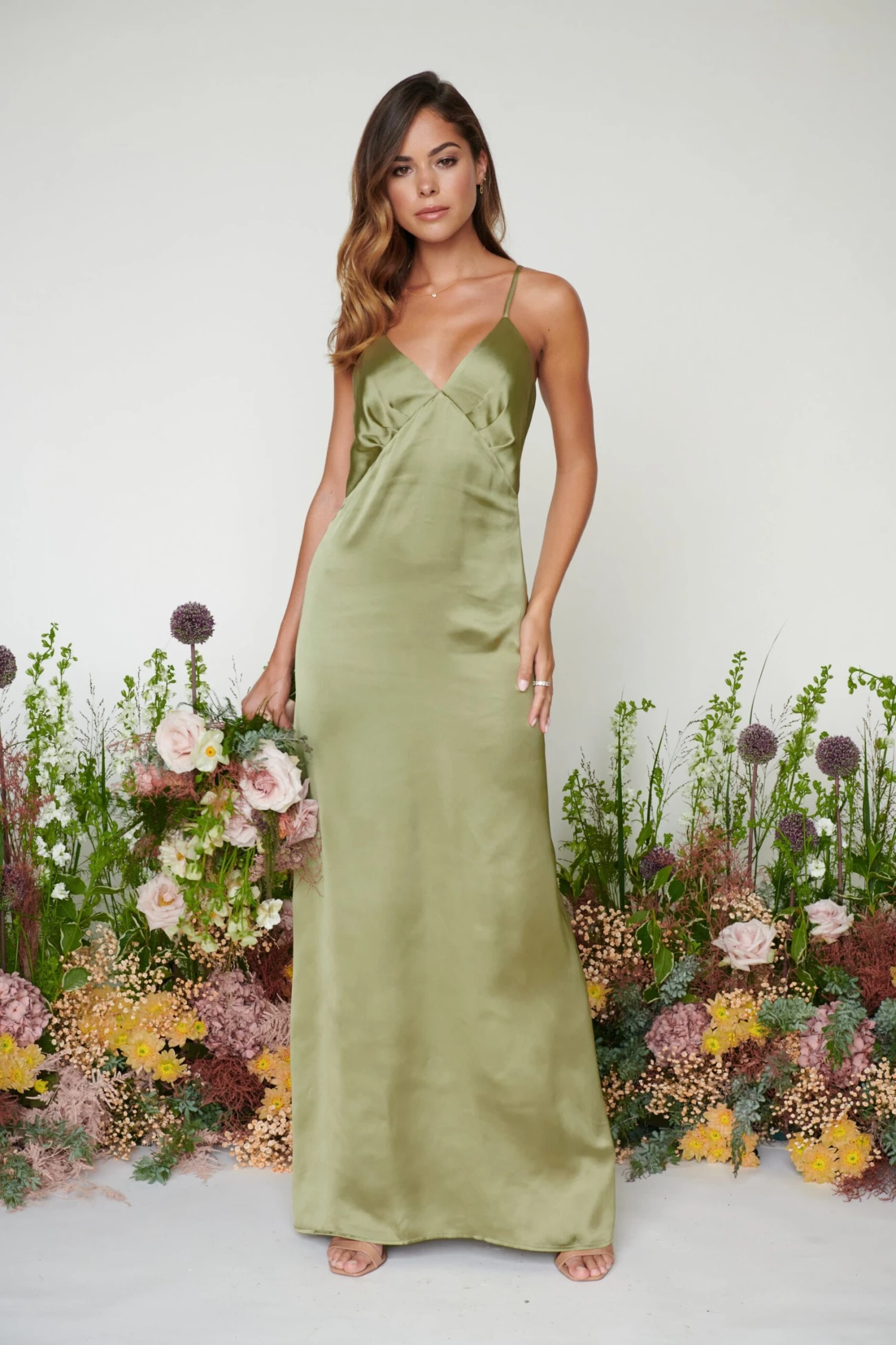 Ines Recycled Maxi Bridesmaids Dress - Matte Olive 1 Ines Recycled Maxi Bridesmaids Dress - Matte Olive