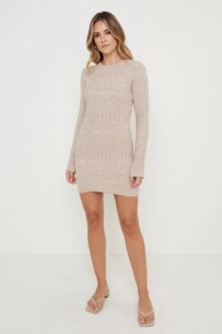 Jayla Long Sleeve Knit Dress - Beige -Outlet Stylistae Store Jayla Space Dye Dress Beige 2095