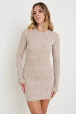 Jayla Long Sleeve Knit Dress - Beige -Outlet Stylistae Store Jayla Space Dye Dress Beige 2131