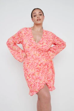 Jessica Wrap Mini Dress Curve - Orange And Pink Floral