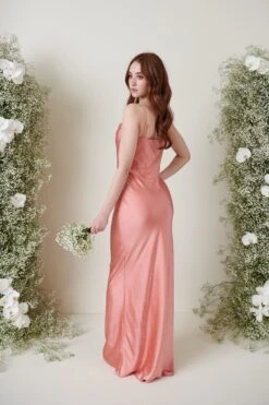 Keisha Maxi Bridesmaid Dress - Matte Apricot Pink -Outlet Stylistae Store KESHIA SATIN APRICOT 2783
