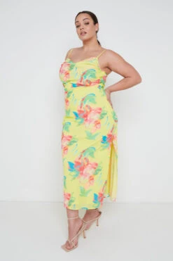 Keisha Ruched Midaxi Dress Curve - Lemon Abstract Floral -Outlet Stylistae Store Keisha Midaxi Lemon Abstract Floral curve 1023