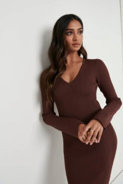 Lara Long Sleeve Dress- Brown 10 Lara Long Sleeve Dress- Brown -Outlet Stylistae Store Lara Long Sleeve Brown 358