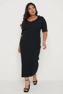 Lara Ribbed Midi Dress - Black 17 Lara Ribbed Midi Dress - Black -Outlet Stylistae Store Lara Ribbed Dress Black Curve 471