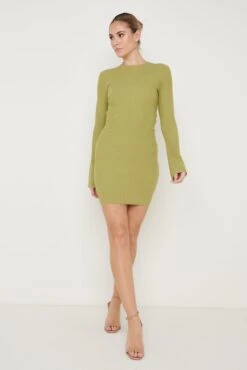 Laurel Long Sleeve Knit Mini Dress - Dark Olive Green -Outlet Stylistae Store Laurel Mini Dress Dark Olive Green 2185