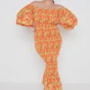 Leona Bardot Shirred Midaxi Dress Curve - Orange And Yellow Floral