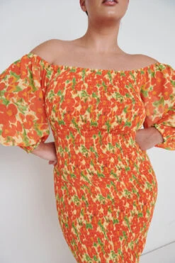 Leona Bardot Shirred Midaxi Dress Curve - Orange And Yellow Floral -Outlet Stylistae Store Leona Shirred Bardot Dress Curve 2642