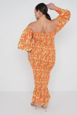 Leona Bardot Shirred Midaxi Dress Curve - Orange And Yellow Floral -Outlet Stylistae Store Leona Shirred Bardot Dress Curve 2660