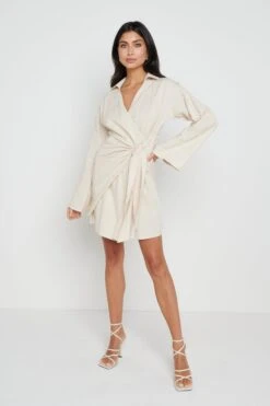 Louis Tie Mini Dress - Sand -Outlet Stylistae Store Louis tie dress cream 1328